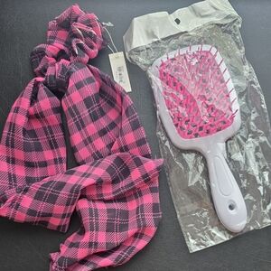 Francesca"s Pink Plaid Scrunchie Ponytail Holder & Hairbrush